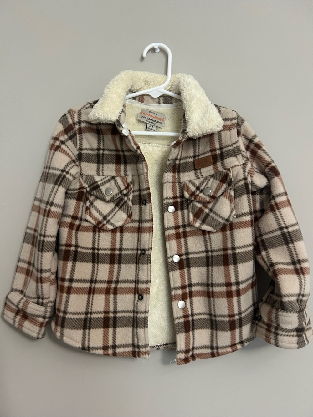 Weatherproof Kids Plaid Sherpa Jacket - Cream, Brown & Tan
